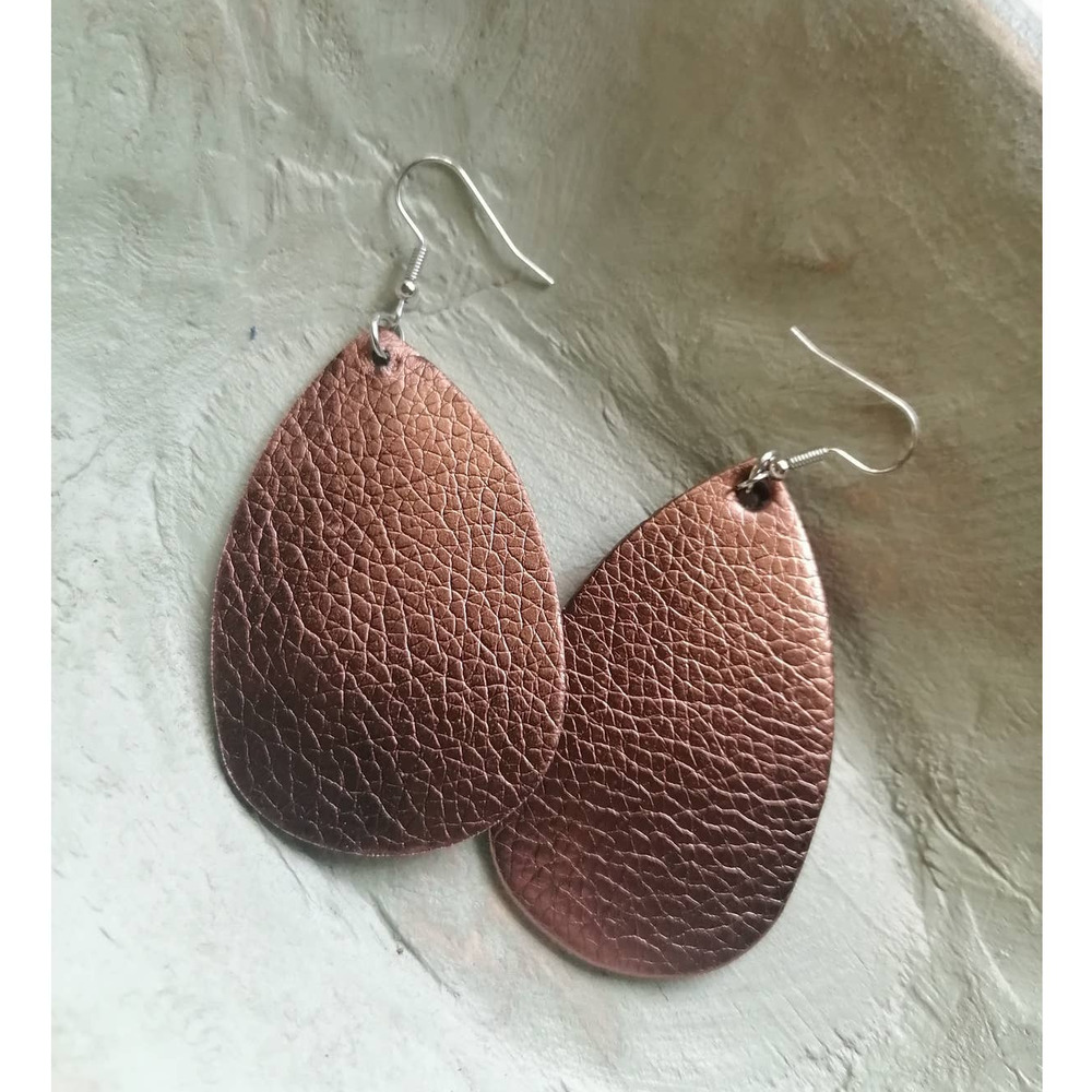 Faux Leather Bronze Teardrop Dangle Earrings